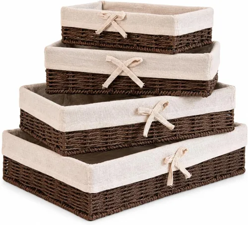 Juego de 4 cestas para estantes, cestas de almacenamiento de mimbre poco profundas con forro de lino, cubos decorativos de cuerda de papel tejido