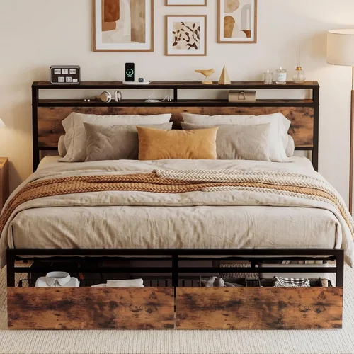 Miniatura 12 de LIKIMIO Base de cama Queen con cabecera de almacenamiento, cama de plataforma con cajones y estación de carga, no necesita somier, fácil montaje