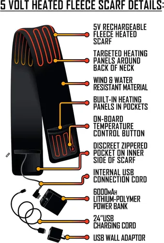 Miniatura 8 de ActionHeat Bufanda de forro polar con batería de 5 V con paneles de calefacción integrados bufanda negra con tecnología de control de botón táctil