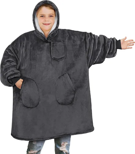 Miniatura 7 de PAVILIA Manta de vestir para niños y niñas, cálida y acogedora sudadera con capucha gigante con dos bolsillos, forro polar Sherpa con capucha