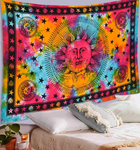 ANJANIYA Tapiz de mandala de teñido anudado, celestial, sol, luna, estrella, planeta, bohemio, tarot, tapiz bohemio para colgar en la pared para