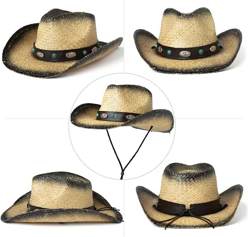 Miniatura 16 de Comhats Sombrero de paja de vaquero redondo de estilo occidental para mujer, cordón de barbilla Fedora de cuero vegano, ala moldeable, vaquera