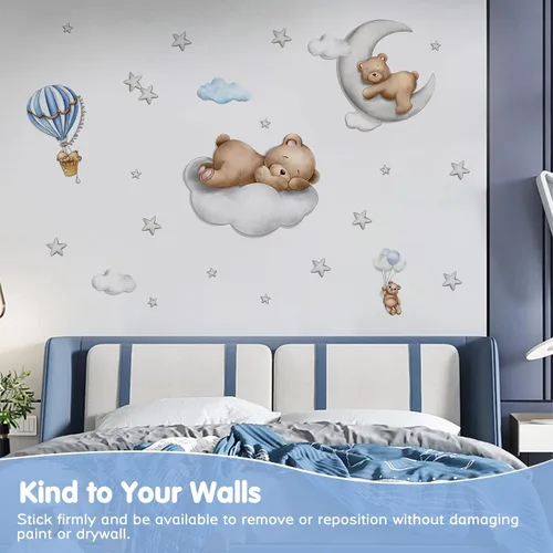 Miniatura 4 de Calcomanías de pared de oso lindo durmiendo en la luna de nubes, calcomanías de pared de oso bebé, calcomanías de pared removibles de hadas, mural