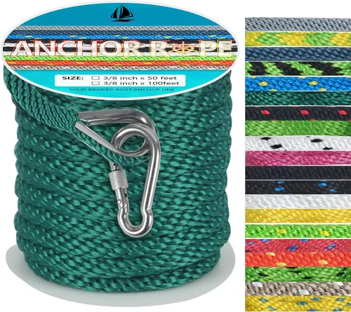 Miniatura 48 de Cuerda de anclaje de 3/8 de pulgada y 100 pies, cuerda de anclaje para barco, trenza sólida MFP, línea de anclaje con dedal de acero inoxidable 316