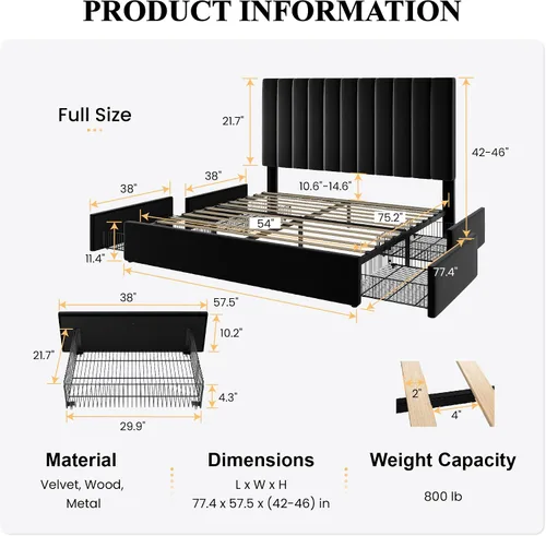 Miniatura 2 de SHA CERLIN Base de cama de plataforma tamaño matrimonial con 4 cajones de almacenamiento, cabecera acolchada vertical con diseño acanalado