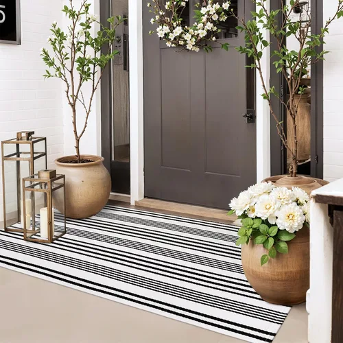 Miniatura 25 de Alfombra de lana cuadriculada para exteriores de 24 x 35 pulgadas, alfombra de algodón tejida a mano, plegable, lavable, reversible, en capas