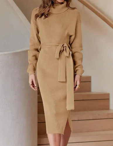 Miniatura 74 de ZESICA - Vestido por debajo de la rodilla de suéter, de cuello alto, para mujer, de manga larga, de punto acanalado, con abertura y cinturón