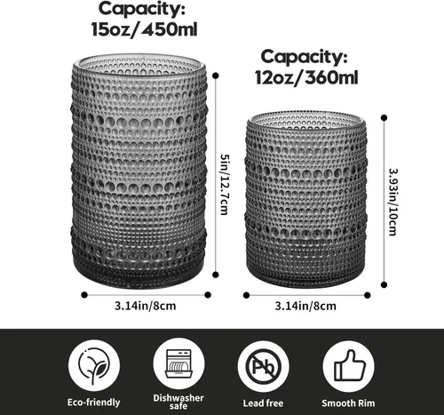 Miniatura 2 de HomeVogue Hobnail Juego de 6 Vasos para Beber de 15 oz, Juego de Cristalería Vintage Juego de Vasos de Cóctel, Vaso Gris en Relieve, para Cerveza