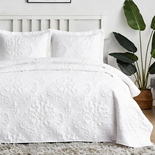 Hansleep Colcha blanca tamaño Queen – Colcha ultrasónica de verano de damasco Queen, juego de ropa de cama suave y ligero, 3 piezas (1 edredón, 2