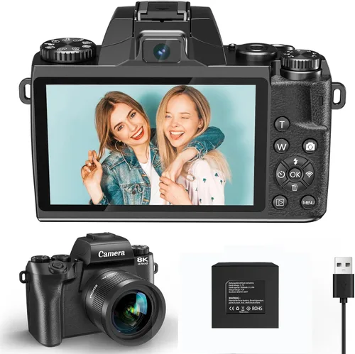 Cámara digital 8K para fotografía, WiFi y cámara de vlogging con pantalla táctil de 4 pulgadas para YouTube con doble lente, cámaras de vlog de 64