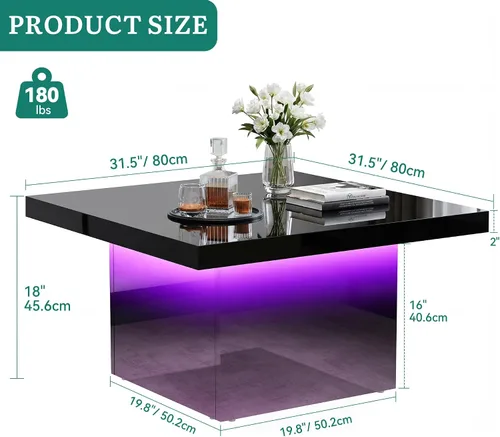 Miniatura 2 de YITAHOME Mesa de centro cuadrada, mesas de centro para sala de estar con luces LED, moderna mesa de café de cóctel para decoración, color negro