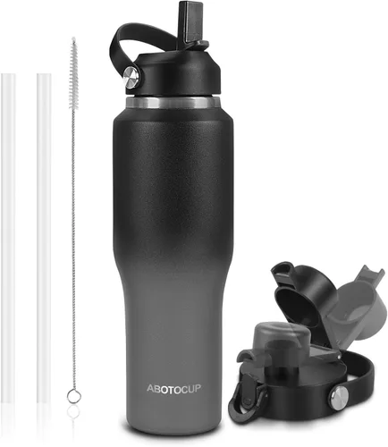 Miniatura 13 de ABOTOCUP Botella de agua de 40 onzas, botella de agua aislada con asa y tapas con popote, botella de agua de acero inoxidable que cabe en cualquier