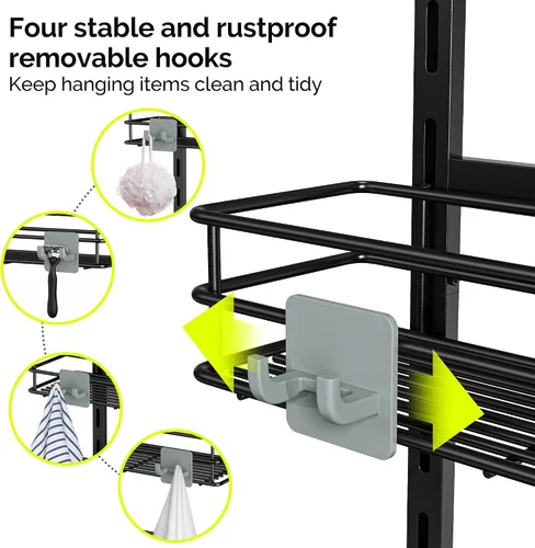Miniatura 7 de Orimade Organizador de Ducha Sobre la Puerta Ajustable de 3 Niveles Negro, Estante Colgante para Baño a Prueba de Óxido con 4 Ganchos, Organizador
