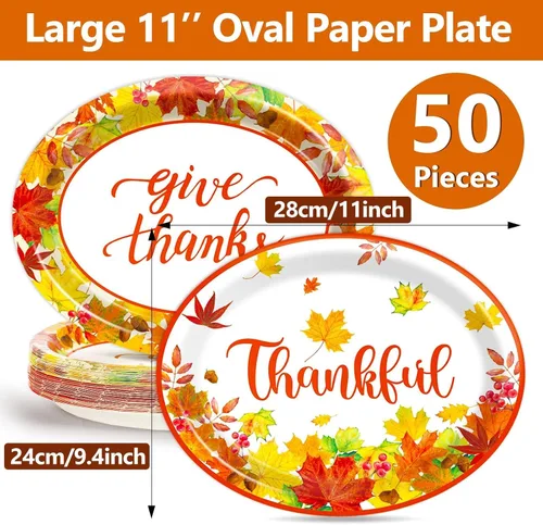 Miniatura 2 de Qyeahkj 50 platos de papel ovalados de Acción de Gracias, grandes, 11 pulgadas, desechables, decoraciones de fiesta de otoño, suministros