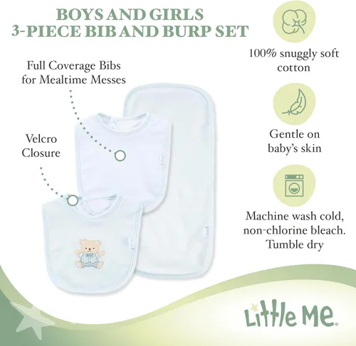 Miniatura 4 de Little Me Clothes for Baby Boys’ and Girls’ 2 Bibs and 1 Burp Cloth Set, Soft Cotton Feeding Essentials with Velcro Closures