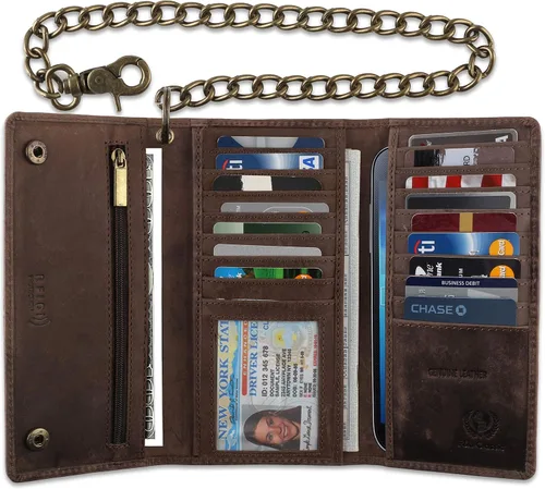 Miniatura 6 de FL CLASSIC Cartera de cadena de acero de cuero vacuno con bloqueo RFID para hombre Marrón antiguo Cartera RFID