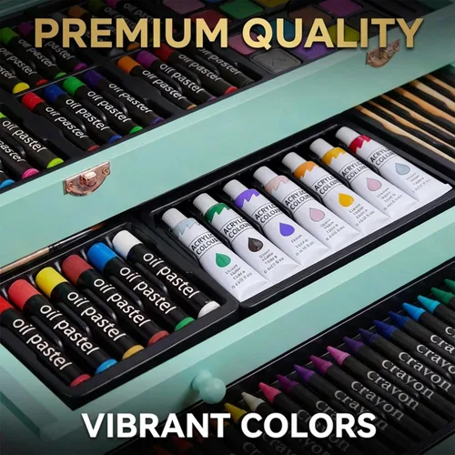 Miniatura 8 de Juego de arte de lujo de 175 piezas en madera, kit de dibujo y pintura con 2 blocs de dibujo, pinturas acrílicas, lápices de colores, lápices
