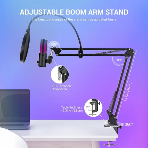 Miniatura 6 de FDUCE Micrófono USB para juegos RGB, micrófono condensador con silencio, ganancia, monitoreo, brazo de boom para transmisión, podcast, Twitch