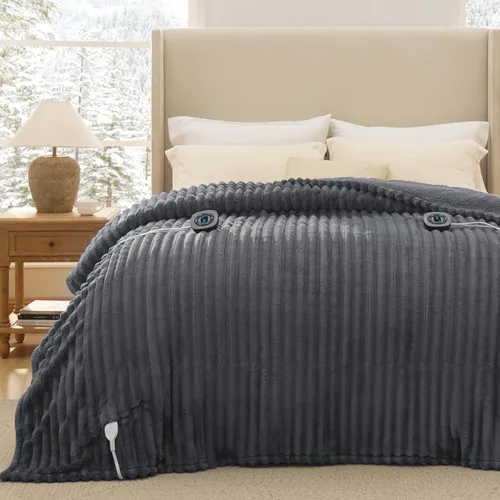 Miniatura 10 de Bedsure Manta eléctrica tamaño matrimonial – Manta térmica de franela gruesa a rayas con 6 ajustes de calor, 10 ajustes de tiempo, temporizador de 8