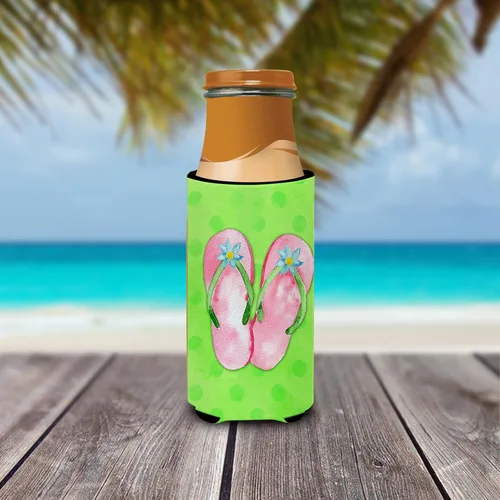Miniatura 3 de Caroline's Treasures BB8220MUK - Chanclas color rosa con lunares verdes, ultra Hugger para latas delgadas, funda enfriadora de latas verdes, lavable