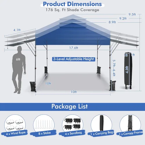 Miniatura 7 de Tangkula Toldo desplegable de 10 x 17.6 pies con toldos dobles ajustables, tienda de campaña para exteriores de 2 niveles con 8 estacas, 4 cuerdas