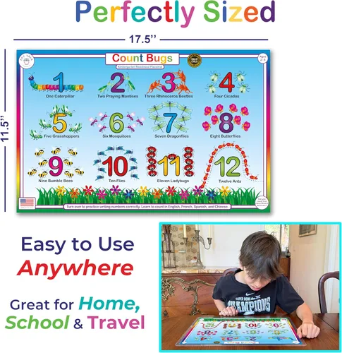 Miniatura 8 de Tot Talk Count Bugs Learn and Write Numbers 1-10 - Mantel individual educativo para niños, de doble cara, impermeable, lavable, fabricado en Estados