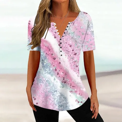 Miniatura 105 de Summer Shirts for Women 2025 Plus Size Short Sleeve Henley Tops Marble Floral Loose Tshirt Tee Casual Dressy Tunics