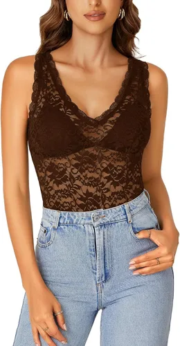 Miniatura 9 de Rooscier - Blusa sin mangas para mujer, con encaje floral, cuello en V, con volantes, transparente, sin sujetador