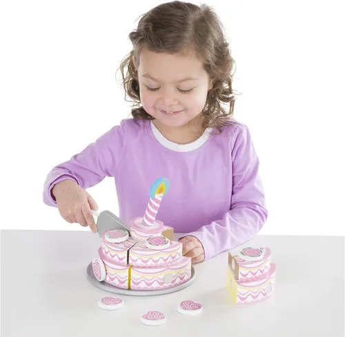 Miniatura 3 de Juguete de madera en forma de pastel de fiesta de tres capas Melissa & Doug, construcción robusta con pestañas autoadhesivas, gran regalo para niñas