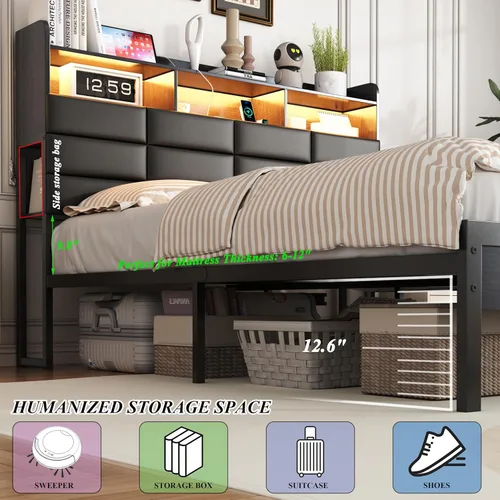 Miniatura 4 de Base de cama negra de tamaño completo con 2 cajones de almacenamiento y estación de carga, marco de cama tapizado con cabecero de piel sintética