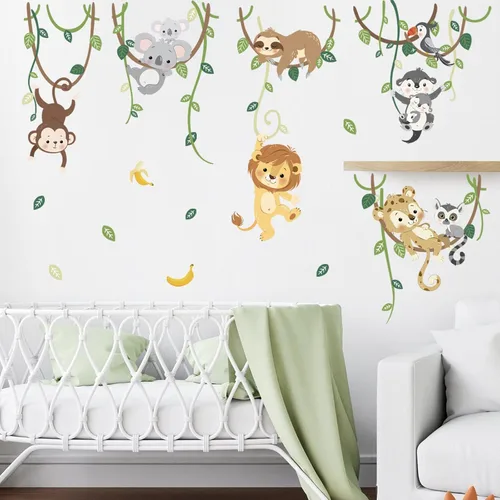 Miniatura 8 de decalmile Calcomanías de pared de rama de árbol de animales de selva, safari animal, mono, koala, calcomanías de pared para bebé, guardería