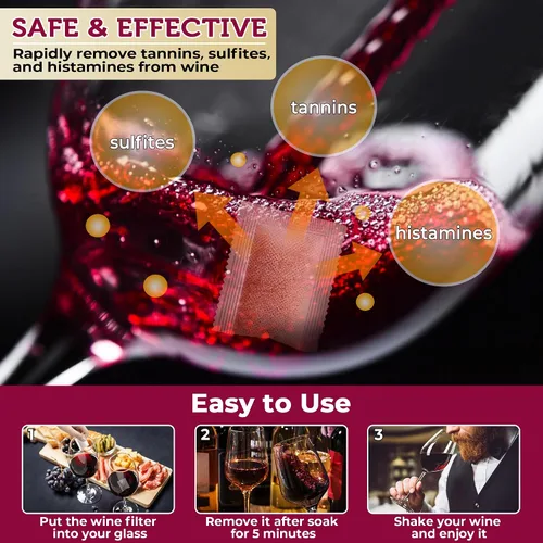 Miniatura 3 de Filtro de vino, paquete de 12 filtros de vino para histaminas y sulfitos, sulfito de vino e histamina, evita alergias al vino y dolores de cabeza