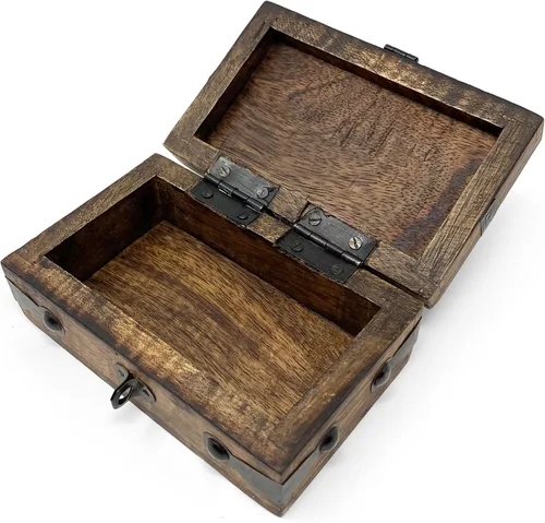 Miniatura 7 de Nautical Cove - Cofre del tesoro de madera con cerradura de hierro antigua y llave de esqueleto (XS, 5 x 3 x 2) - Almacenamiento y decoración