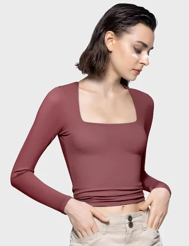 Miniatura 3 de PUMIEY Camisetas de manga larga con cuello cuadrado para mujer, ajustadas, camiseta básica Smoke Cloud Pro Collection