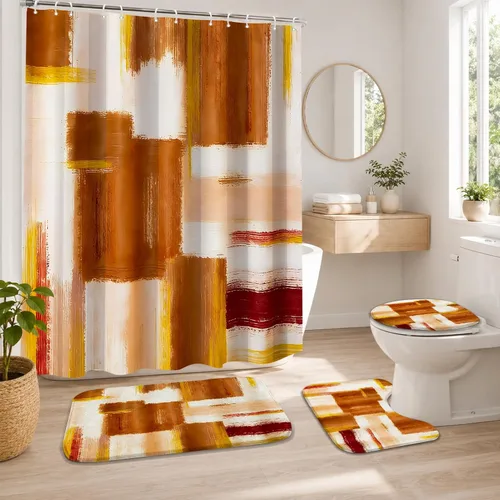 Miniatura 16 de Lnond 4 Piezas Juegos de Cortinas de Ducha de Baño Moradas con Alfombras, Arte de Pintura Púrpura y Gris Juegos de Baño con Cortina de Ducha