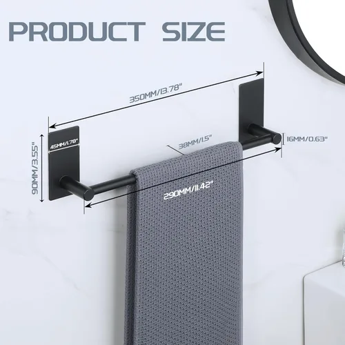 Miniatura 2 de Alise Toalleros para baño, barra para toallas adhesiva de acero inoxidable SUS 304 de 12 pulgadas sin taladro, toallero negro mate de fuerte