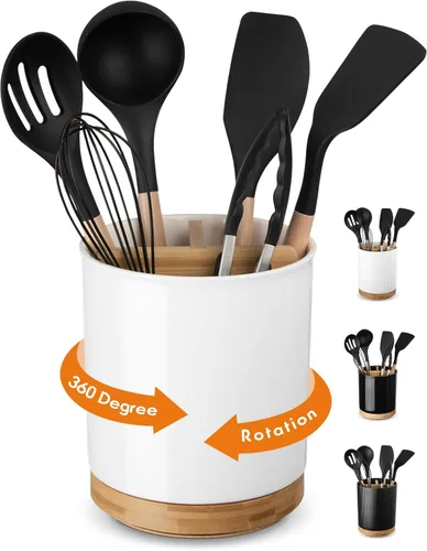 Miniatura 21 de LoeJan Soporte para Utensilios de 3 Compartimentos, Recipiente para Utensilios Extra Grande, Organizador de Utensilios de Cerámica Estable, Juego