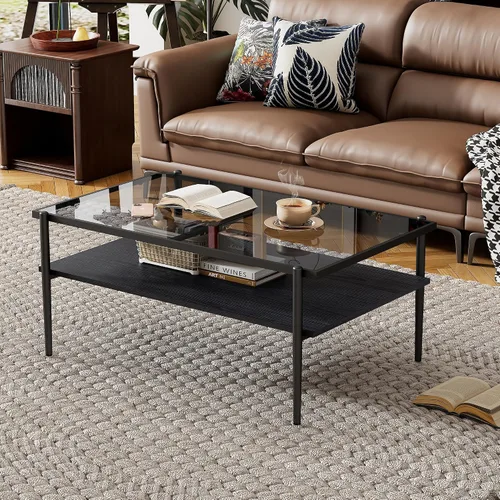 Miniatura 7 de Mesa de centro moderna rectangular con tapa de vidrio templado con estante de madera para el hogar, sala de estar, oficina, tienda o dormitorio