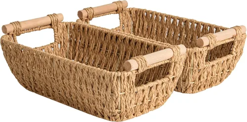 Miniatura 23 de StorageWorks Cestas de almacenamiento grandes tejidas a mano con asas de madera, cestas de mimbre de hierba marina para organizar, paquete de 2