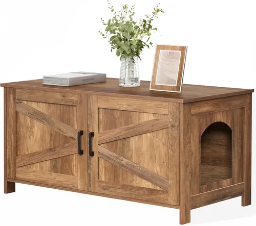 Miniatura 16 de Caja de arena para gatos Homhedy, mueble de baño de madera para gatos con puerta de granero, casa para mascotas, se adapta a la mayoría de las cajas