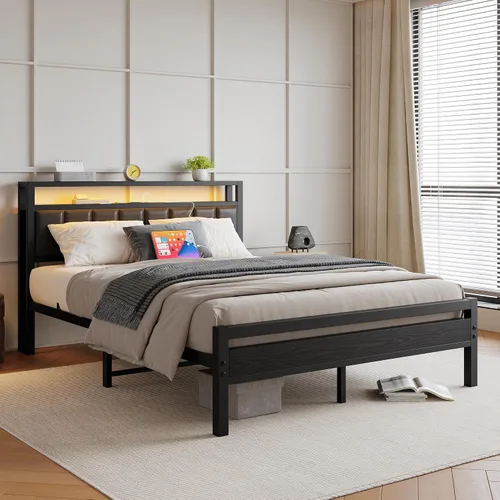 Miniatura 7 de HOJINLINERO Base de cama Queen con luces LED de cabecero, marco de cama tapizado negro tamaño Queen con estación de almacenamiento y carga,