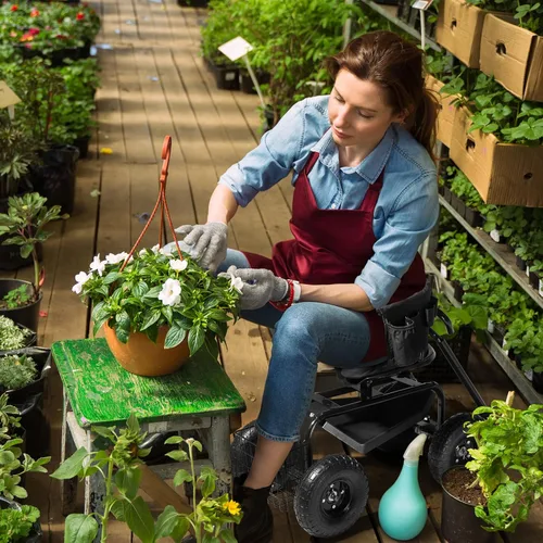 Miniatura 8 de Outvita - Asiento de jardín con ruedas, taburete de jardinería con asiento giratorio ajustable en altura de 360 grados, respaldo ergonómico, bandeja