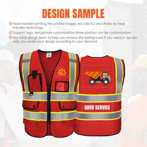 Miniatura 2 de Custom Logo Safety Vest High Visibility Reflective Vest Class 2 Standard with Pockets and Zipper K-rojo-1pack-personalizado