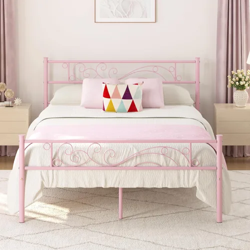 Miniatura 10 de Weehom Marco de cama de metal individual con almacenamiento, no necesita somier, listones de acero resistentes para niños, niñas, adolescentes, Rosa