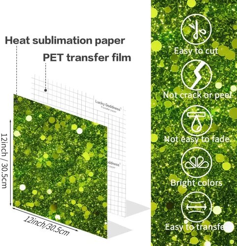 Miniatura 5 de Hojas de transferencia de sublimación con purpurina verde para máquina de prensa de calor, papel de transferencia de sublimación de 12 x 12 pulgadas