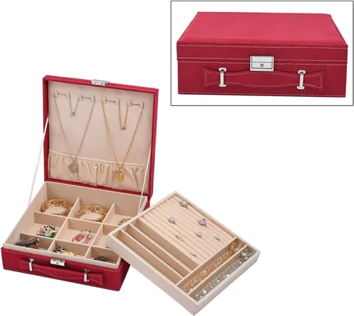 Shop LC - Caja organizadora de joyas de viaje color rojo fucsia para mujer, de terciopelo sintético, esmalte de 2 capas, collar, aretes, anillo,