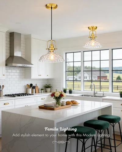 Miniatura 8 de FEMILA Iluminación colgante de cocina moderna de 11 pulgadas sobre la isla, lámpara colgante dorada de granja, altura ajustable, acabado dorado