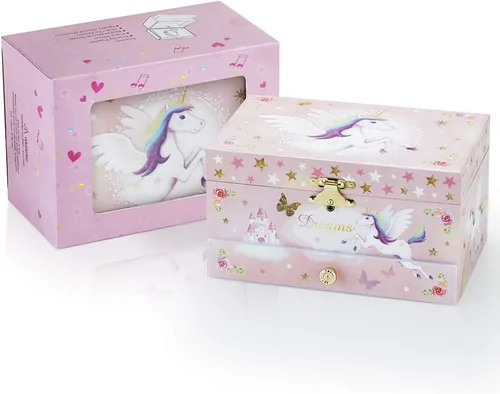 Miniatura 6 de Joyero musical para niños con cajón grande y piedras de circonita, juego de joyas con unicornio giratorio y diseño de mariposa arcoíris