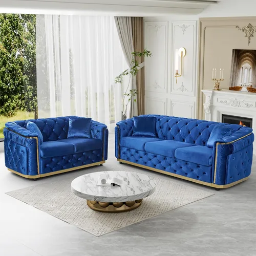 Miniatura 11 de DAMAIFROM Juego de sofá de terciopelo de lujo beige y dorado, moderno de mediados de siglo, sofás Chesterfield copetudos y patas doradas, juego de 2
