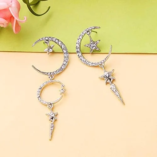 Miniatura 5 de Exaggerated - Aretes de gota con diseño de luna de sol y estrellas con diamantes de imitación punk, para mujer
